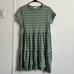 See You Monday Sage Green & White Striped Tiered Knit Dress